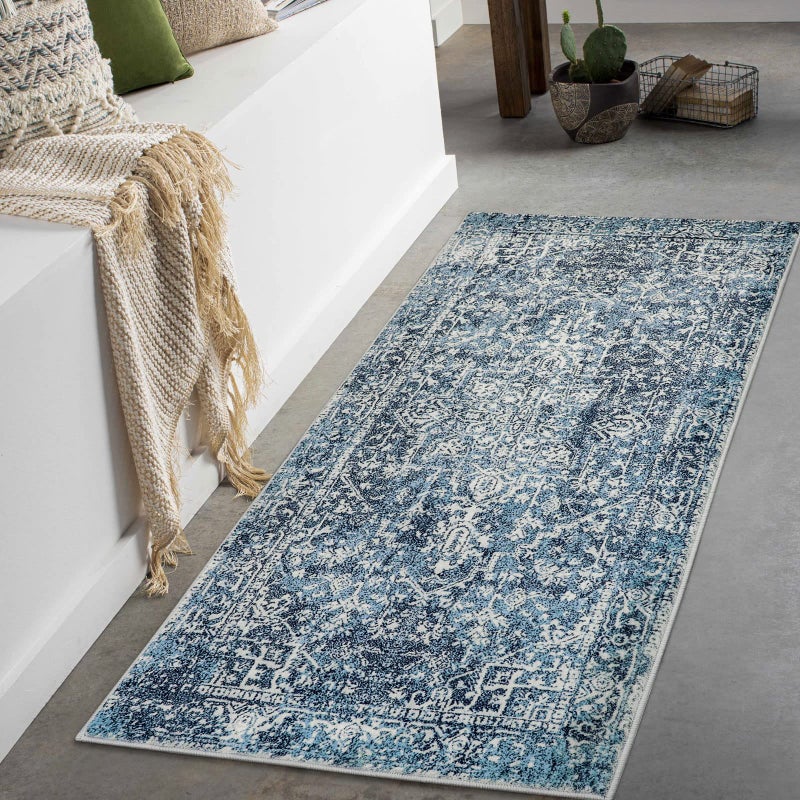 Morebes Boho Blue Rug for Bathroom 2x43 Washable Hallway Runner Rug Non Slip Soft Bath Mat Vintage Medallion Low Pile Indoor Floor Carpets for Entrance Bedroom Kitchen