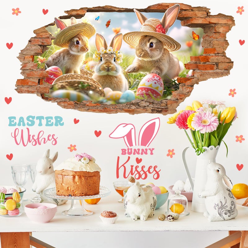 kokolap Easter Wall Decals Easter Decoration Stickers for Wall Easter Bunny Wall Decals Peel and Stick Broken Wall Spring Landscape Wall Stickers Rabbits Wall Art Murals for Living Room Kitchen Holiday Supply - Image 1