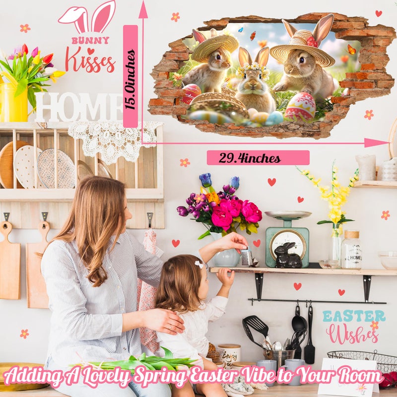 kokolap Easter Wall Decals Easter Decoration Stickers for Wall Easter Bunny Wall Decals Peel and Stick Broken Wall Spring Landscape Wall Stickers Rabbits Wall Art Murals for Living Room Kitchen Holiday Supply - Image 4