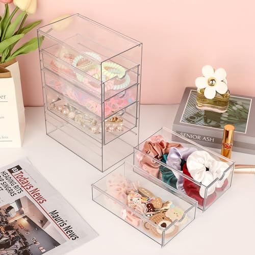 Hipiwe 5Drawers Plastic Storage Organizer Clear Hair Accessories Organizer with Large Capacity for Bathroom Dresser Cosmetic Hair Tie Container for Girls Women - Image 3