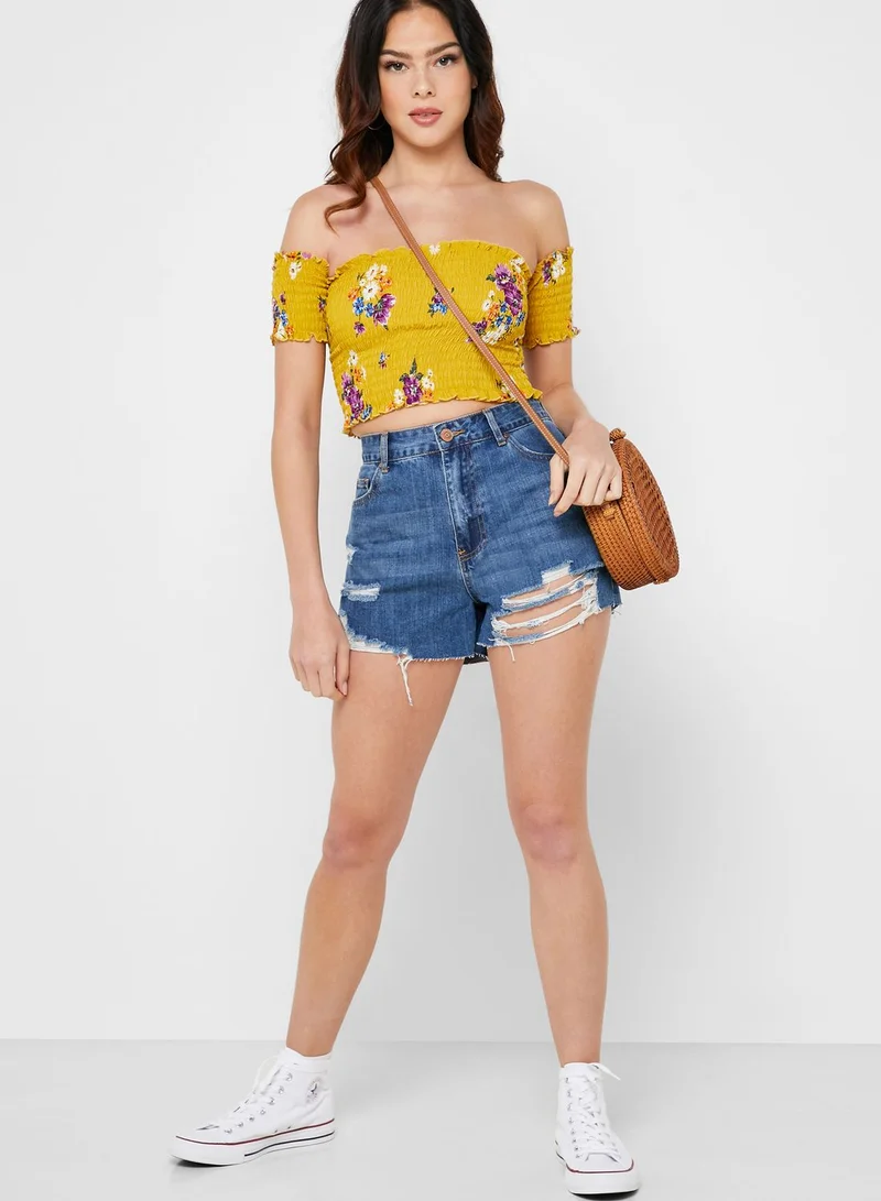 FOREVER 21 Floral Print Shirred Crop Top