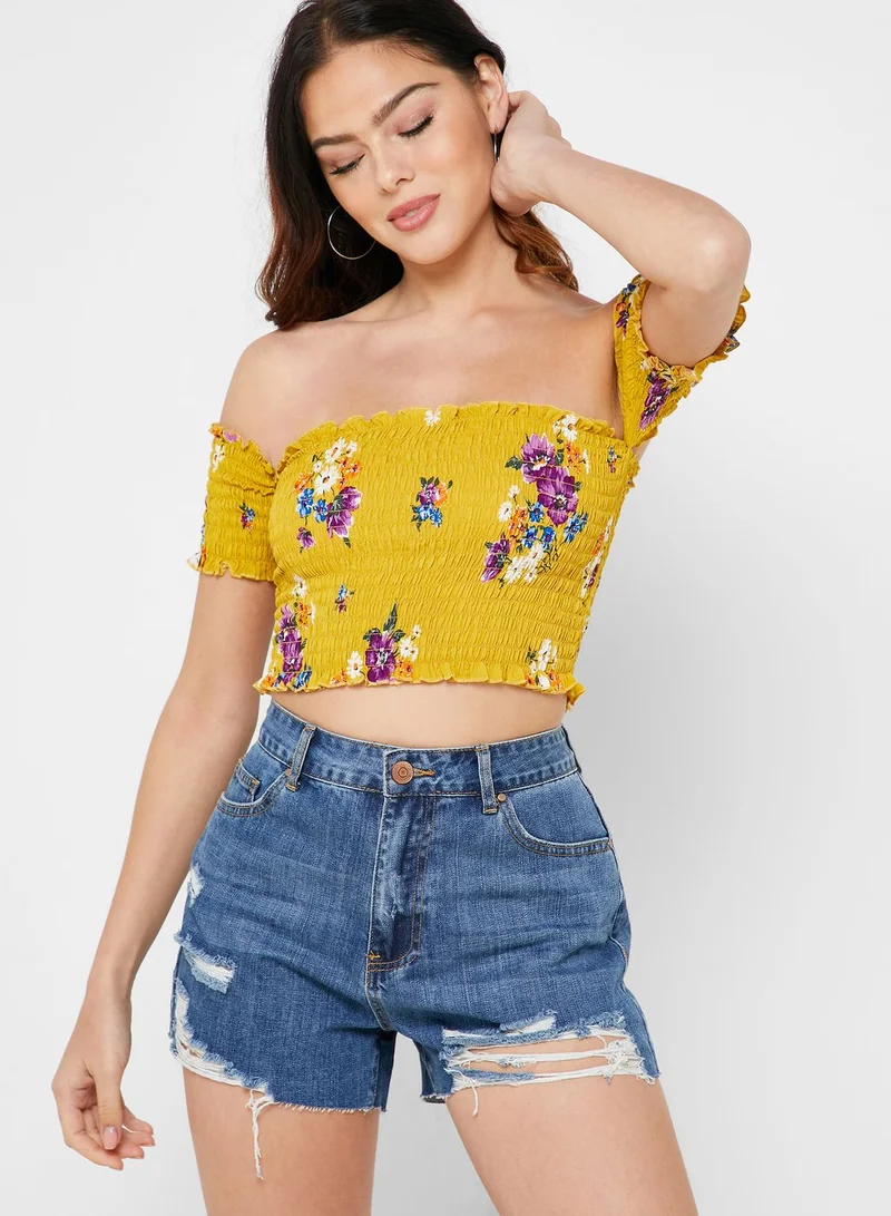 FOREVER 21 Floral Print Shirred Crop Top