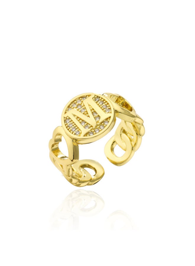 New Light Luxury Copper Inlaid Zircon 18k Real Gold Heart Smooth Letter Adjustable Ring Versatile Personality Ring