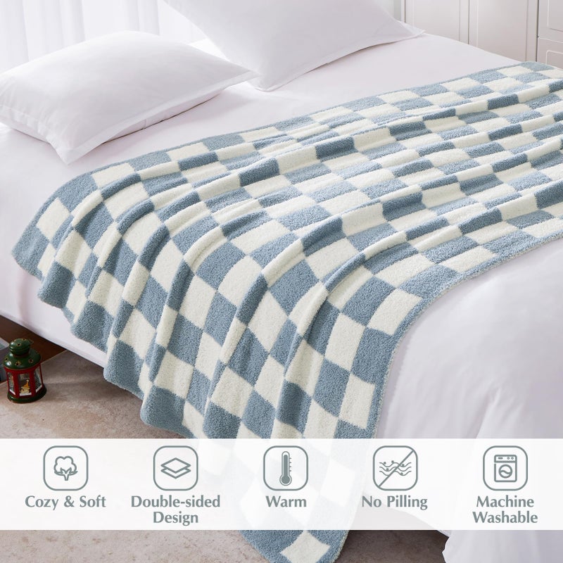 WRENSONGE Checkered Throw Blanket, Grey Blue Soft Cozy Fluffy Warm Hand Made Throw Blankets for Couch, Sofa, Chair, Bed, Camping, Picnic, Travel Lightweight Bed Blanket - 50"*70" - Image 3