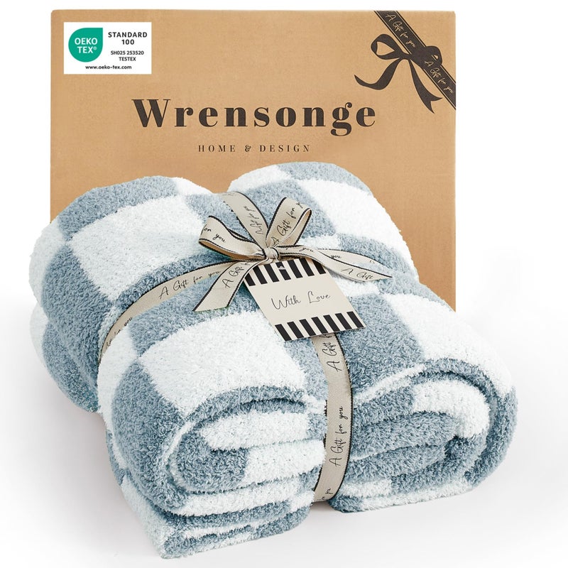 WRENSONGE Checkered Throw Blanket, Grey Blue Soft Cozy Fluffy Warm Hand Made Throw Blankets for Couch, Sofa, Chair, Bed, Camping, Picnic, Travel Lightweight Bed Blanket - 50"*70" - Image 1