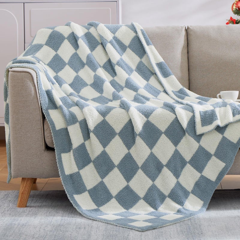 WRENSONGE Checkered Throw Blanket, Grey Blue Soft Cozy Fluffy Warm Hand Made Throw Blankets for Couch, Sofa, Chair, Bed, Camping, Picnic, Travel Lightweight Bed Blanket - 50"*70" - Image 2