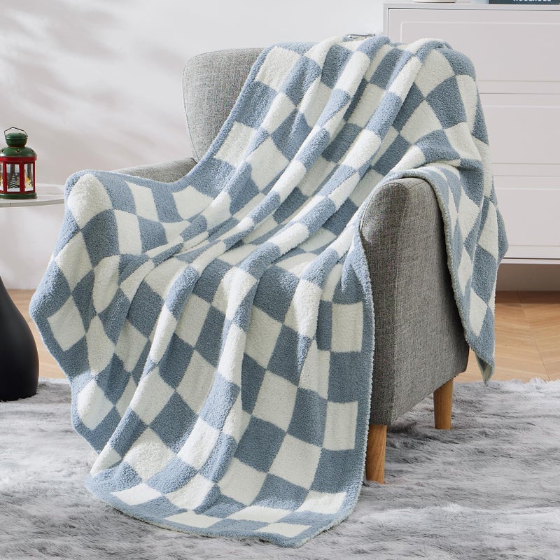 WRENSONGE Checkered Throw Blanket, Grey Blue Soft Cozy Fluffy Warm Hand Made Throw Blankets for Couch, Sofa, Chair, Bed, Camping, Picnic, Travel Lightweight Bed Blanket - 50"*70" - Image 5