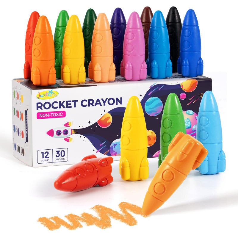 JUPITEARTH 12 Colors Crayons for Toddlers, Non-Toxic Washable Rocket Crayons, Easy-to-Hold Coloring Gifts & Mess-Free Art Supplies for Little Hands - Image 1