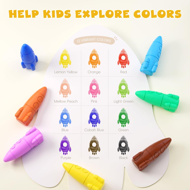 JUPITEARTH 12 Colors Crayons for Toddlers, Non-Toxic Washable Rocket Crayons, Easy-to-Hold Coloring Gifts & Mess-Free Art Supplies for Little Hands - Image 2