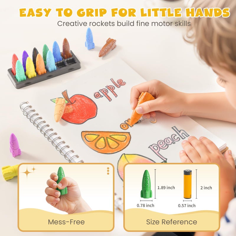 JUPITEARTH 12 Colors Crayons for Toddlers, Non-Toxic Washable Rocket Crayons, Easy-to-Hold Coloring Gifts & Mess-Free Art Supplies for Little Hands - Image 5