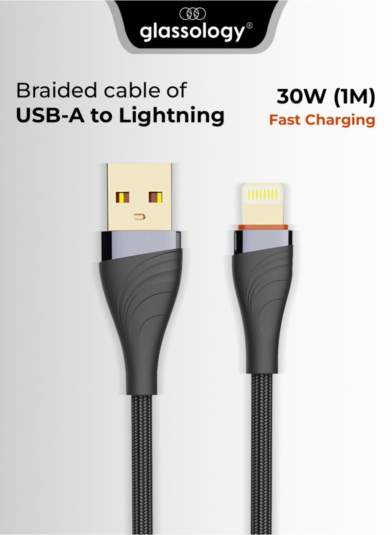 glassology 30W USB-A to Lightning Cable 1M, Fast Charging Nylon Braided, iPhone Charger with Data Sync, Durable Tangle-Free Cord for iPhone 14 13 12 11 – Black - Image 1