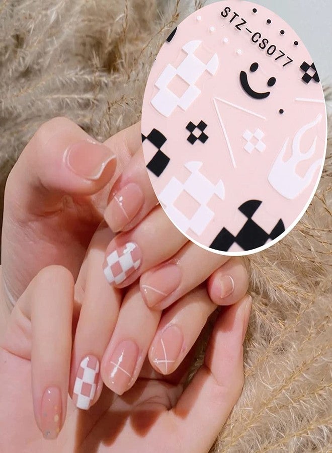 Macute Nail Art Stickers Decals, Self Adhesive Nail Stickers Nail Art Supplies Black White Nail Designs 3D Checkerboard Flame Star Moon Smile Line Nail Stickers for Acrylic Nails Women Manicure Decorations - Image 3
