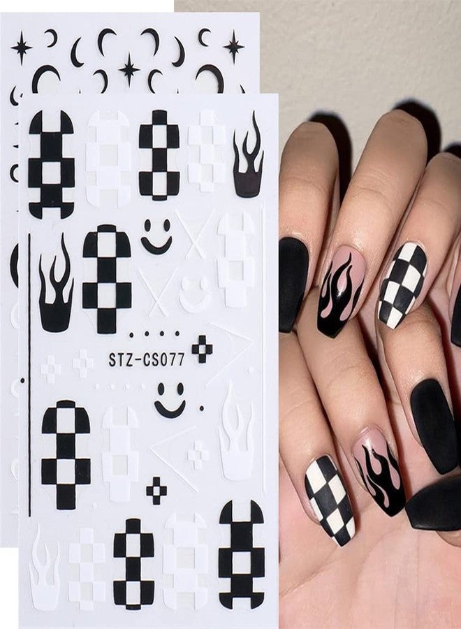 Macute Nail Art Stickers Decals, Self Adhesive Nail Stickers Nail Art Supplies Black White Nail Designs 3D Checkerboard Flame Star Moon Smile Line Nail Stickers for Acrylic Nails Women Manicure Decorations - Image 1