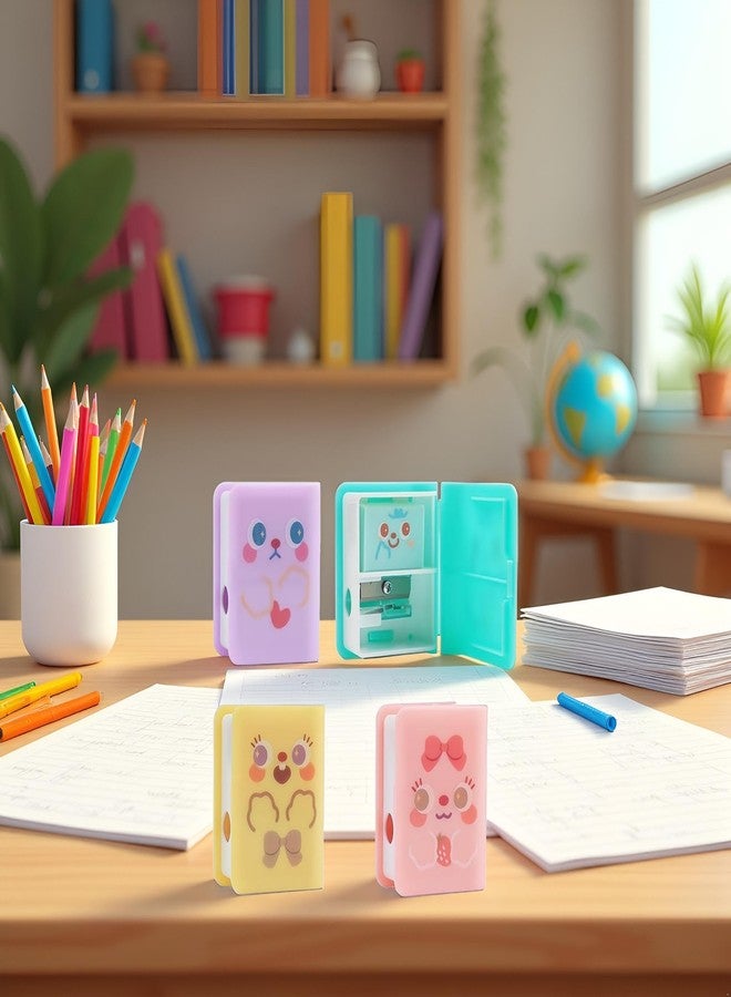 Sluswallow 4Pcs Cute Dual Purpose Book Pencil Sharpener Eraser, Cute Cartoon Student Eraser Pencil Sharpener Office Supplies Writing and Correction Supplies - Image 2