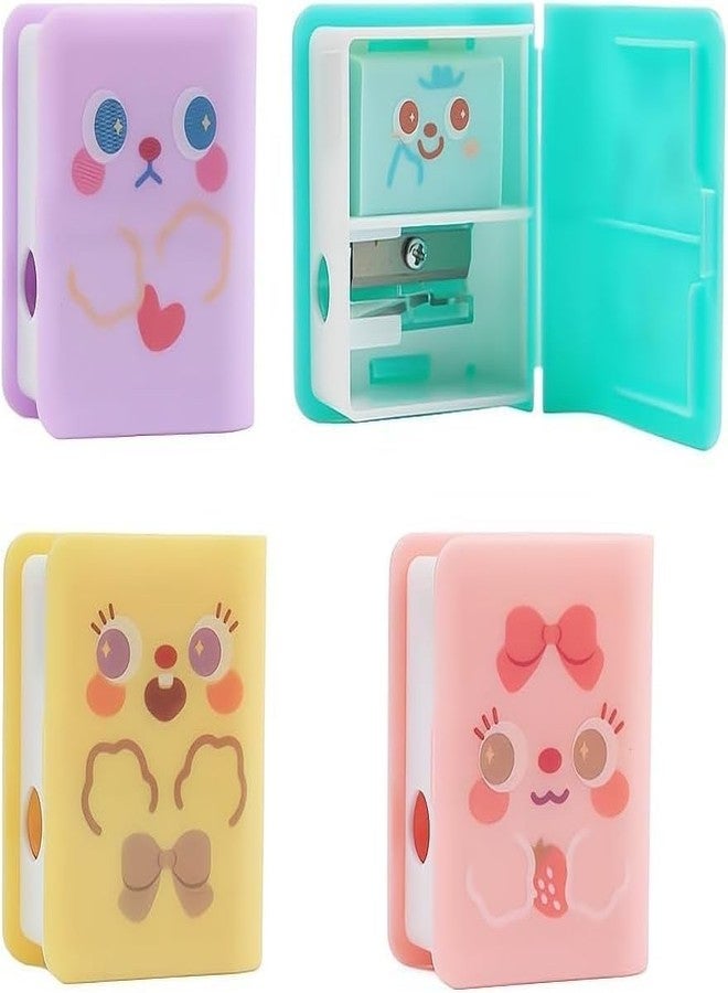 Sluswallow 4Pcs Cute Dual Purpose Book Pencil Sharpener Eraser, Cute Cartoon Student Eraser Pencil Sharpener Office Supplies Writing and Correction Supplies - Image 1