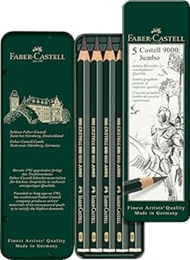 Faber-Castell 9000 Jumbo Graphite Pencil 5PC (HB - 8B) In Flat Metaltin - Multi Color