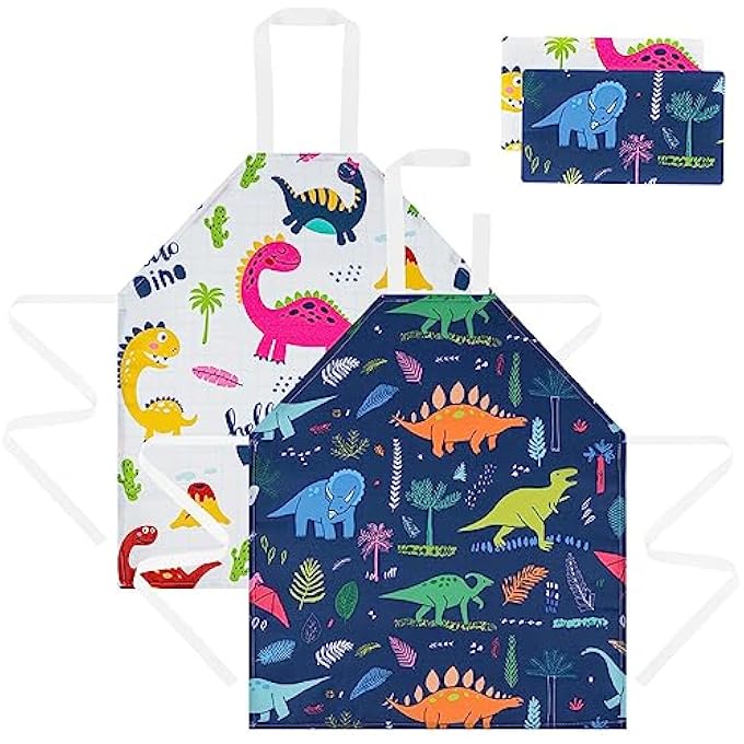 كاست ويف مآزر KASTWAVE للأطفال ، 2 قطعة على غرار الكرتون قابل للتعديل مآزر الشيف للأطفال ، ديناصور طباعة ساحة الأطفال للأطفال اللوحة الصغيرة فنان الخبز - Image 4