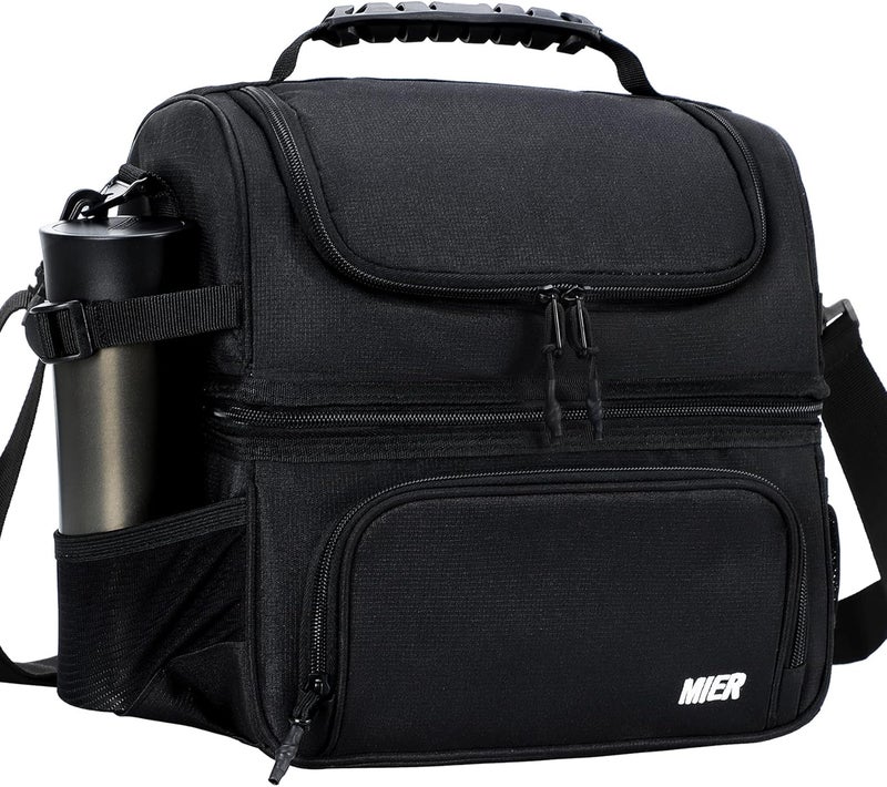 MIER Dual Compartment Lunch Bag Tote with Shoulder Strap for Men and Women Insulated Leakproof Cooler Bag, Black - Image 1