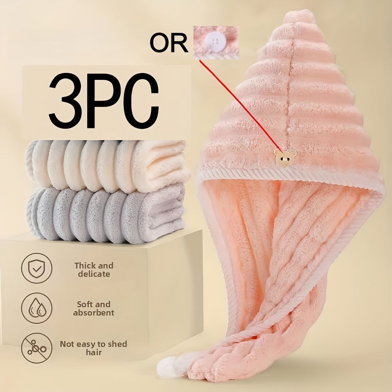 3 Packs XL Absorbent Coral Fleece Hair Towels Dry Caps Soft No Blow Dry Swim Shower Wraps - Image 1