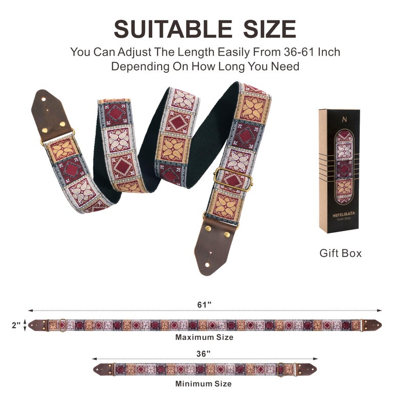 Nefelibata Guitar Strap,Crazy Horse Leather Jacquard Embroidery Cotton Guitar Straps for Bass, Electric & Acoustic, Best Gifts for Guitarists(Bohemian Red Square) - Image 5