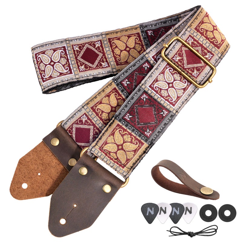 Nefelibata Guitar Strap,Crazy Horse Leather Jacquard Embroidery Cotton Guitar Straps for Bass, Electric & Acoustic, Best Gifts for Guitarists(Bohemian Red Square) - Image 1