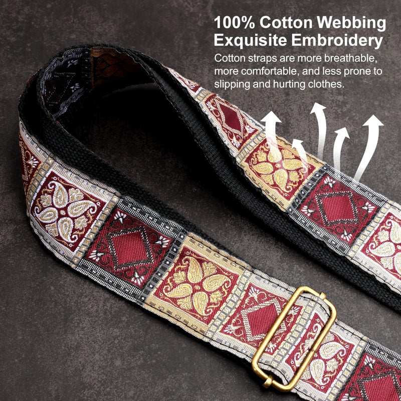 Nefelibata Guitar Strap,Crazy Horse Leather Jacquard Embroidery Cotton Guitar Straps for Bass, Electric & Acoustic, Best Gifts for Guitarists(Bohemian Red Square) - Image 4