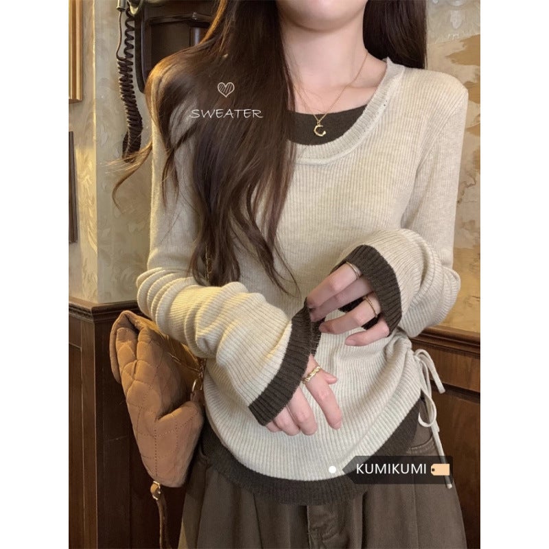 Fake Two-Piece Drawstring Contrast Color Pleated Long-Sleeved Top Slim Look All-Match Design Sense For - Image 4