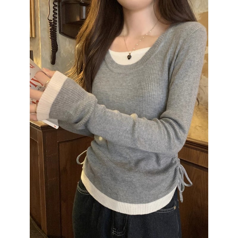 Fake Two-Piece Drawstring Contrast Color Pleated Long-Sleeved Top Slim Look All-Match Design Sense For - Image 3