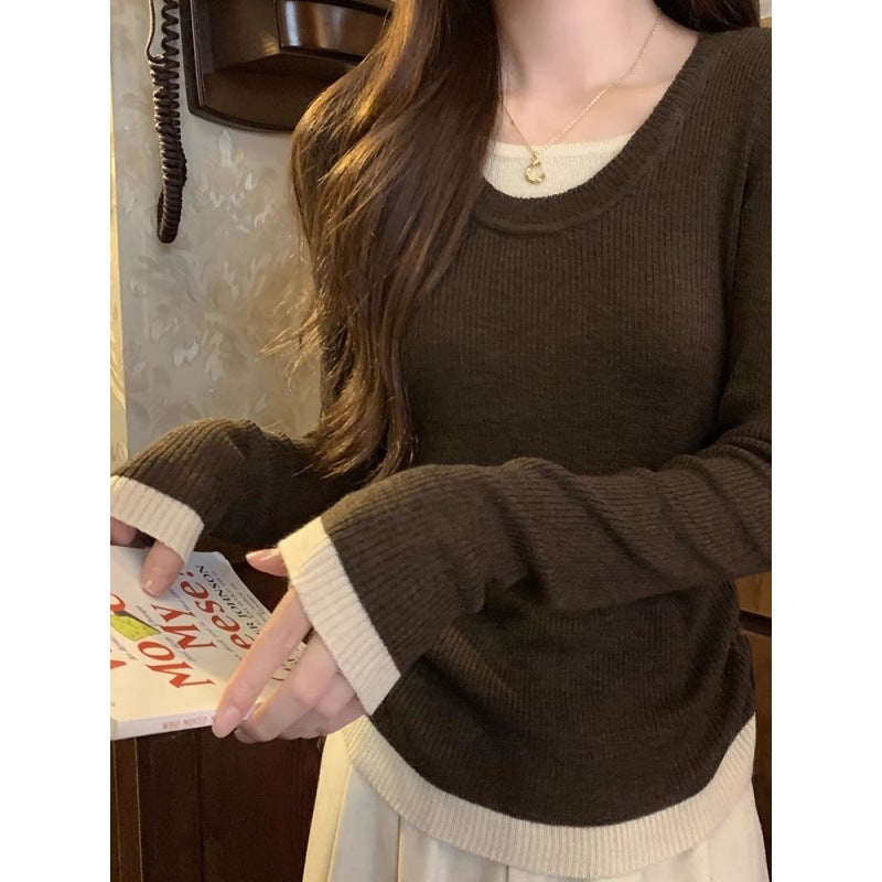 Fake Two-Piece Drawstring Contrast Color Pleated Long-Sleeved Top Slim Look All-Match Design Sense For - Image 2