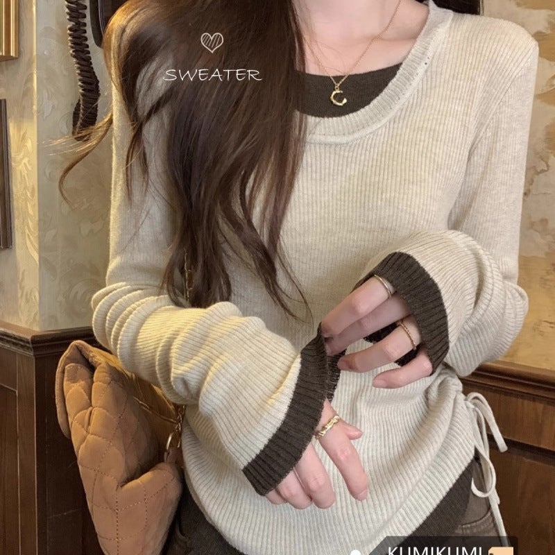Fake Two-Piece Drawstring Contrast Color Pleated Long-Sleeved Top Slim Look All-Match Design Sense For - Image 1
