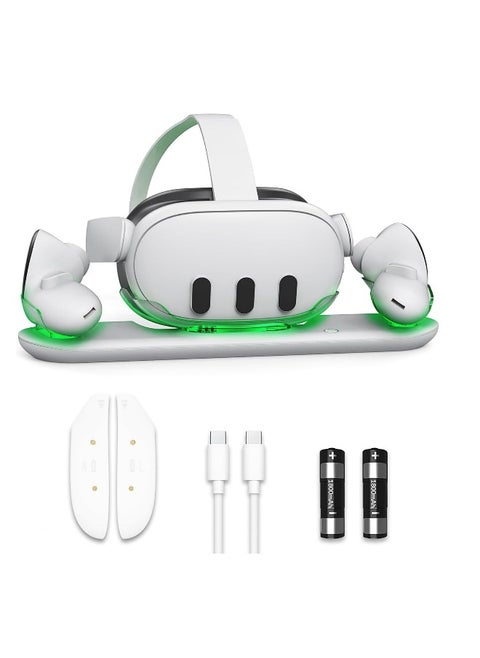 VR Charging Station for Oculus/Meta Quest 3 - Dual Charging Dock with LED Indicator for Headset and Touch Controllers, Includes 2 Rechargeable Batteries for Simultaneous Charging.