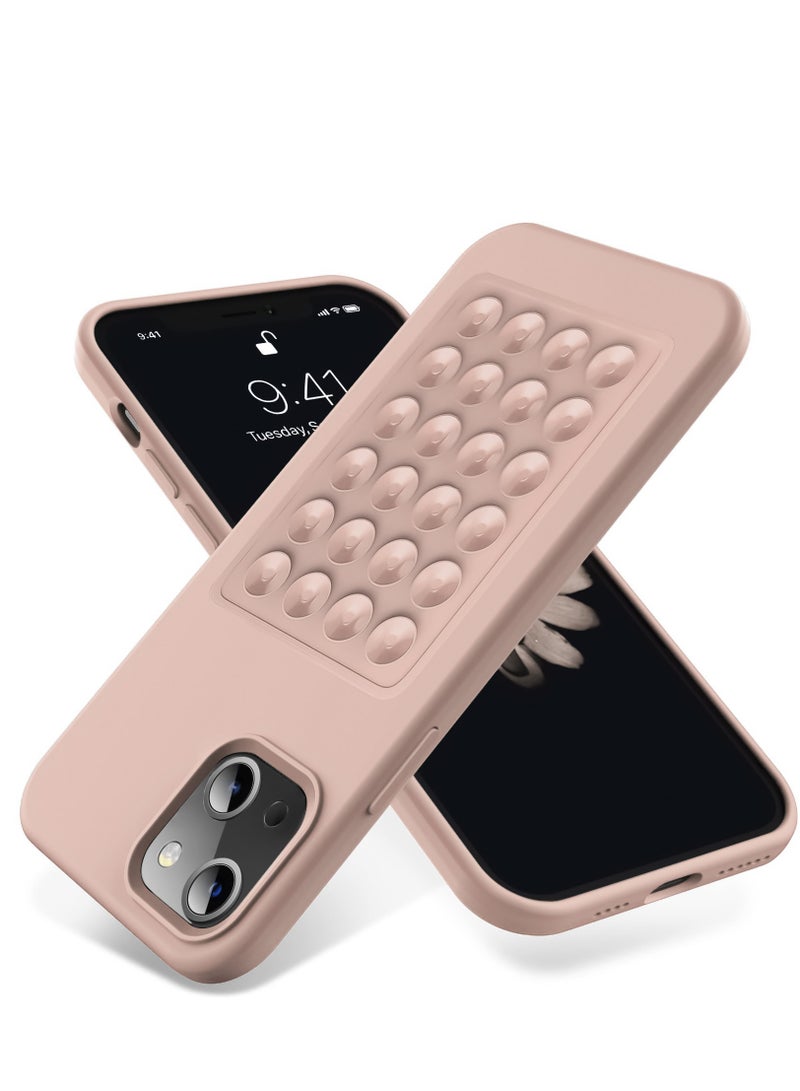 جراب هاتف من السيليكون الناعم مع قاعدة شفط وحامل حماية كاملة ومضاد للصدمات لهاتف iPhone 15 (وردي رملي)