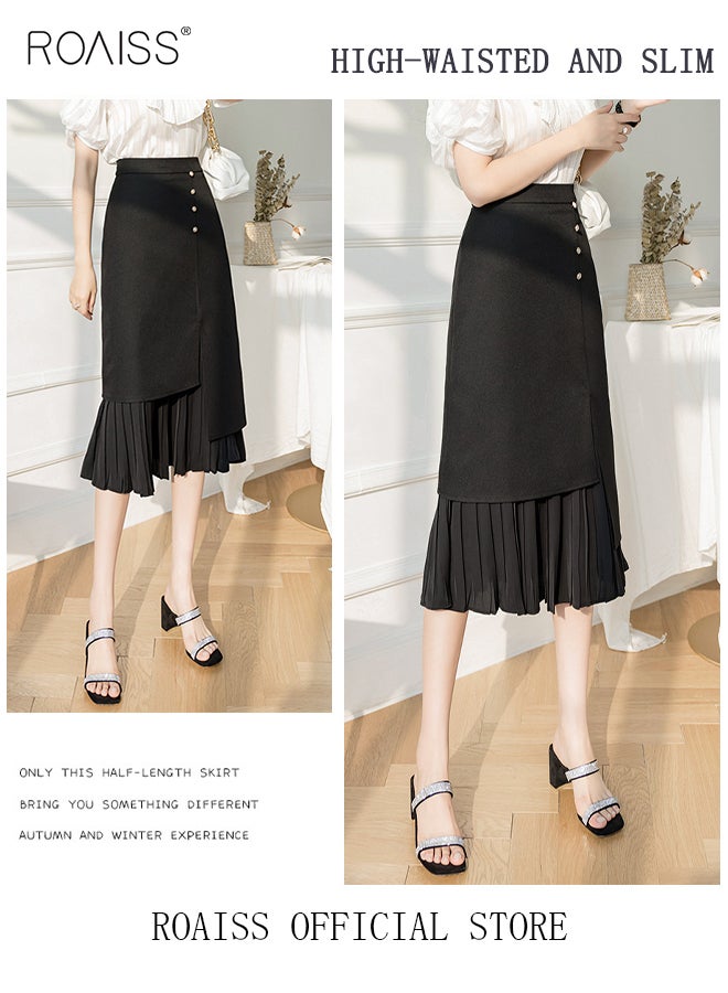 roaiss Women's Half Skirt Casual Sheath  Midi Dress Solid Color Pleated Design Elastic High Waist Package Hip A-Line Long Skirt for Ladies Elegant Temperament Casual Outfit  - Image 4