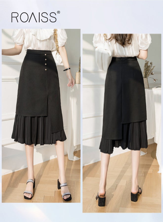 roaiss Women's Half Skirt Casual Sheath  Midi Dress Solid Color Pleated Design Elastic High Waist Package Hip A-Line Long Skirt for Ladies Elegant Temperament Casual Outfit  - Image 2