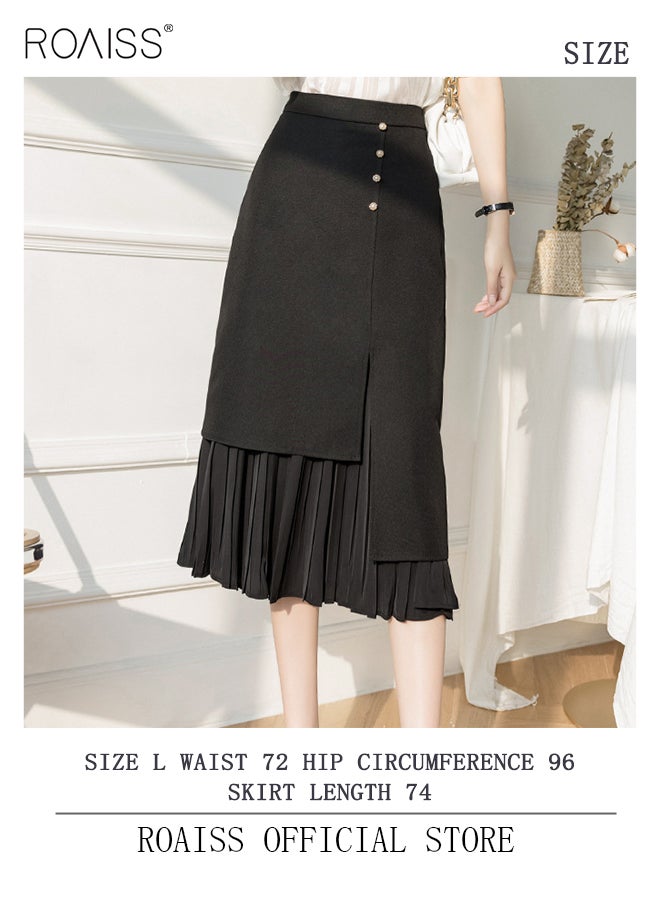 roaiss Women's Half Skirt Casual Sheath  Midi Dress Solid Color Pleated Design Elastic High Waist Package Hip A-Line Long Skirt for Ladies Elegant Temperament Casual Outfit  - Image 5