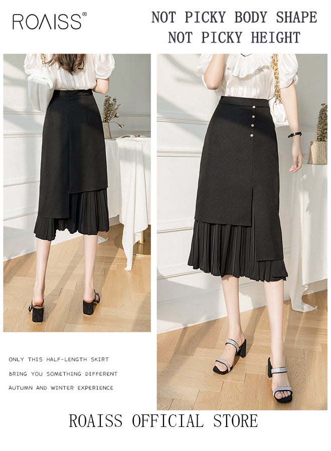 roaiss Women's Half Skirt Casual Sheath  Midi Dress Solid Color Pleated Design Elastic High Waist Package Hip A-Line Long Skirt for Ladies Elegant Temperament Casual Outfit  - Image 3