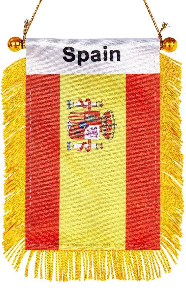 WXTWK 3 X 5 Inch Spain Flag Spanish Window Hanging Flag Small Mini Car Flags Banners Rearview Mirror Decoration With Suction Cup Golden Fringy Banner - Image 1