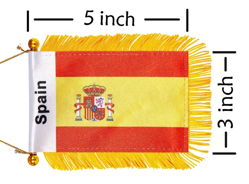 WXTWK 3 X 5 Inch Spain Flag Spanish Window Hanging Flag Small Mini Car Flags Banners Rearview Mirror Decoration With Suction Cup Golden Fringy Banner - Image 2