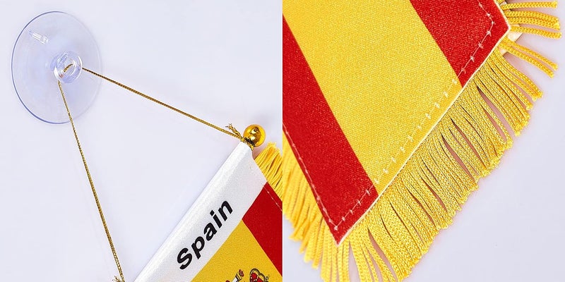 WXTWK 3 X 5 Inch Spain Flag Spanish Window Hanging Flag Small Mini Car Flags Banners Rearview Mirror Decoration With Suction Cup Golden Fringy Banner - Image 3