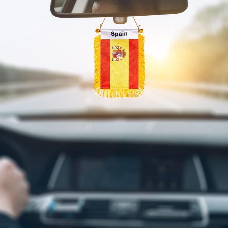 WXTWK 3 X 5 Inch Spain Flag Spanish Window Hanging Flag Small Mini Car Flags Banners Rearview Mirror Decoration With Suction Cup Golden Fringy Banner - Image 4