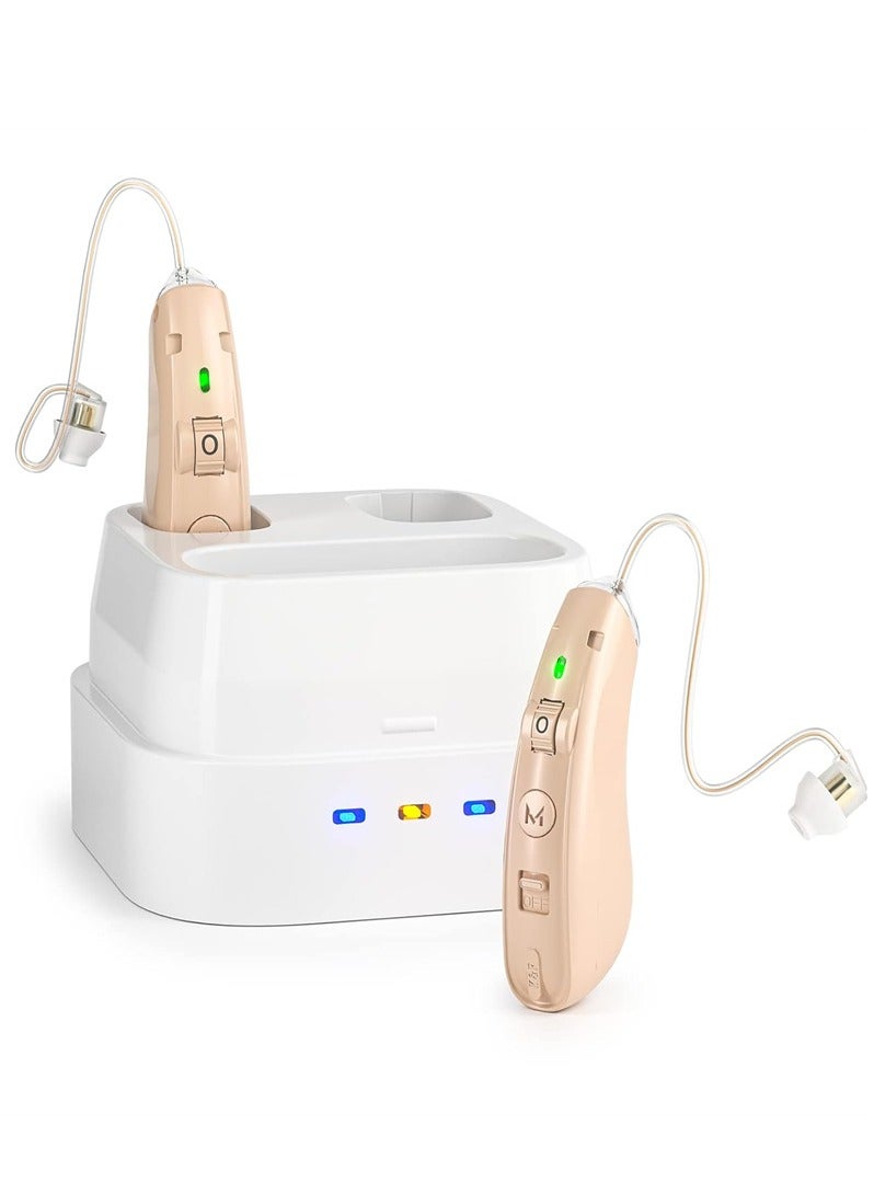 Rechargeable Hearing Aids for Seniors with Noise Cancelling, BTE Hearing Aid for People Hearing Loss Hearing Amplifier, Comfortable Fit, Charging Case（Brown） - Image 1