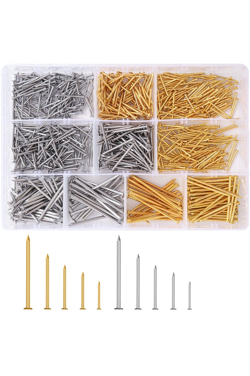 ZFHDBM Galvanized Nails 400PCS  Gold Nails 400PCS Picture Hanging Nails Assortment Kit, 800 Pcs Wall Hanging Set       for Frame Art Photo, 5 Sizes Framing Nails Assorted Kit  - Image 1