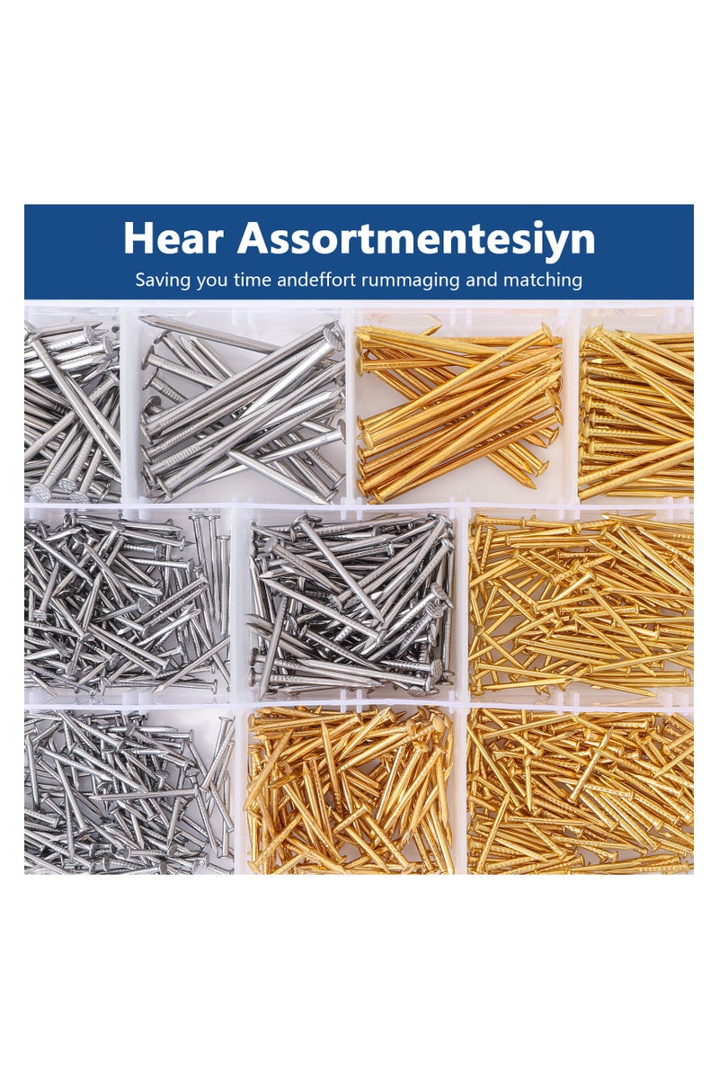ZFHDBM Galvanized Nails 400PCS  Gold Nails 400PCS Picture Hanging Nails Assortment Kit, 800 Pcs Wall Hanging Set       for Frame Art Photo, 5 Sizes Framing Nails Assorted Kit  - Image 3