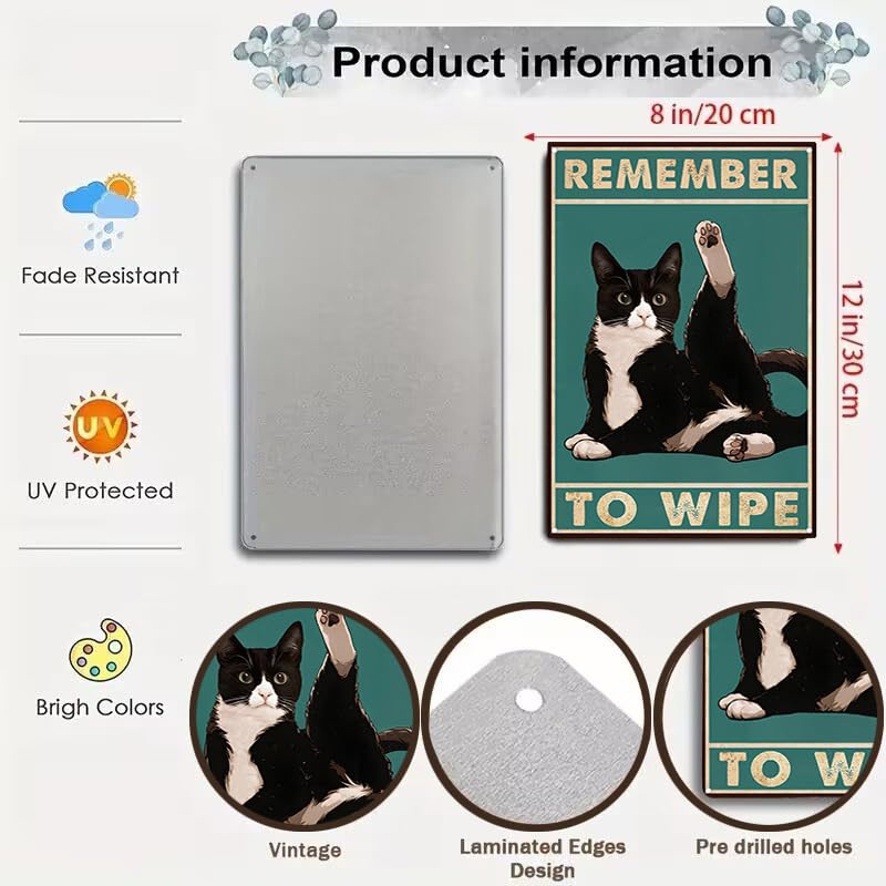 Crazysign Funny Cat Bathroom Decor Sign Tuxedo Cat Remember To Wipe Tin Sign for Bathroom Toilet Wall Decor 8x12 INCH (3155) - Image 2