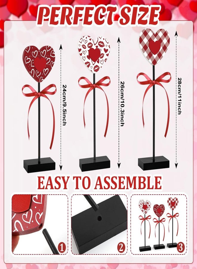 Hedeey 3 Pieces Valentine's Day Table Decorations Wooden Heart Set,Rustic Valentine's Day Tiered Tray Decor for Home Tables (Classic) - Image 3