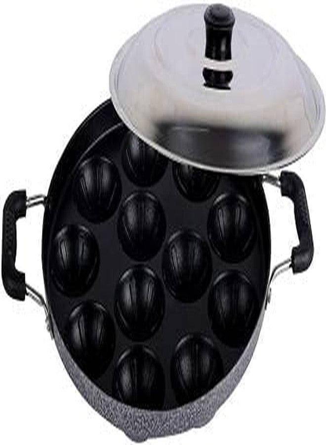 PUHBRHY Non-Stick 12 Cavity Appam Patra Paniyarakkal Two Side Handle with Steel LID Appam Maker Pack of 1 (Black) - Image 3