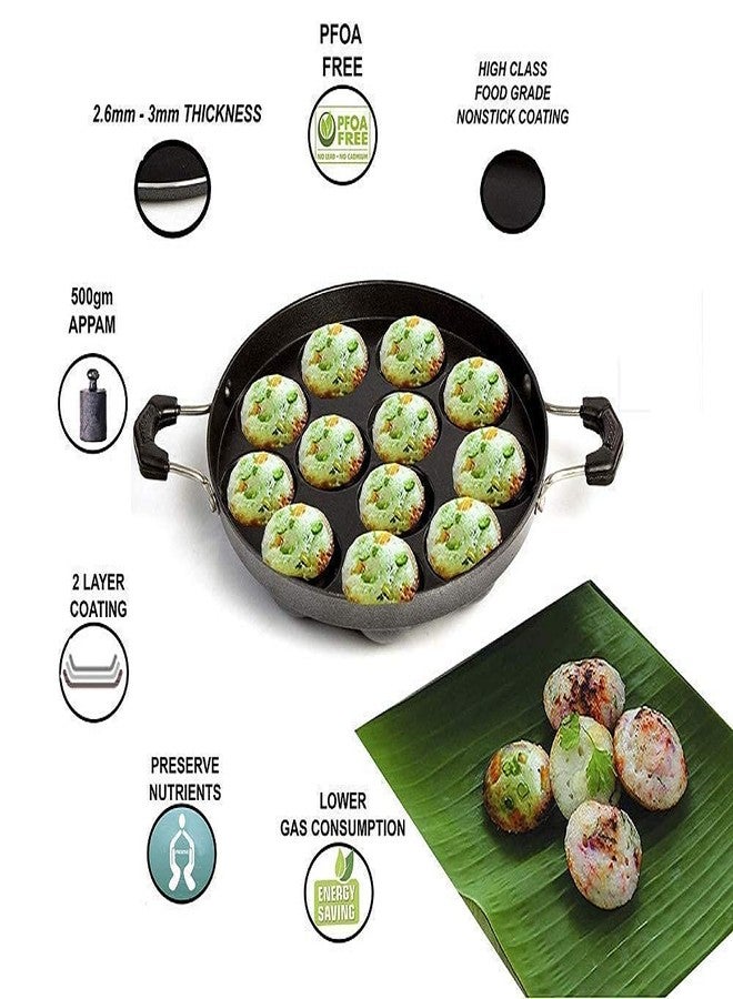 PUHBRHY Non-Stick 12 Cavity Appam Patra Paniyarakkal Two Side Handle with Steel LID Appam Maker Pack of 1 (Black) - Image 4