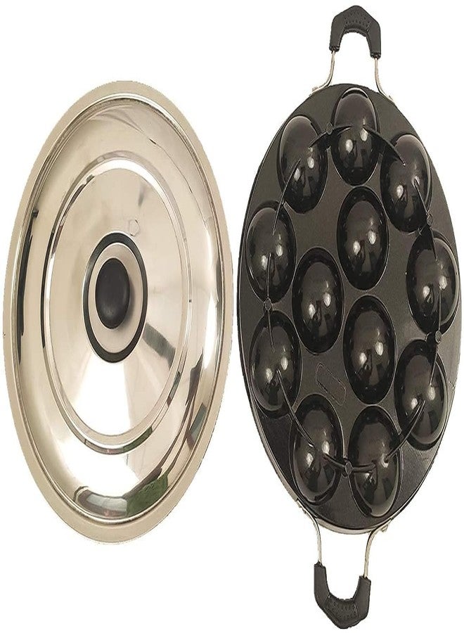 PUHBRHY Non-Stick 12 Cavity Appam Patra Paniyarakkal Two Side Handle with Steel LID Appam Maker Pack of 1 (Black) - Image 5