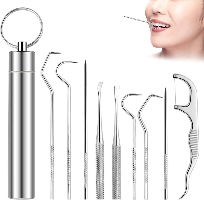 JKJ&ZXZ Stainless Steel Toothpick Set, Reusable Portable Metal Toothpick with Holder, Multipurpose Dental Picks for Teeth Cleaning Dental Tools for Traveling, Picnic, Camping. (9PCS) - Image 1