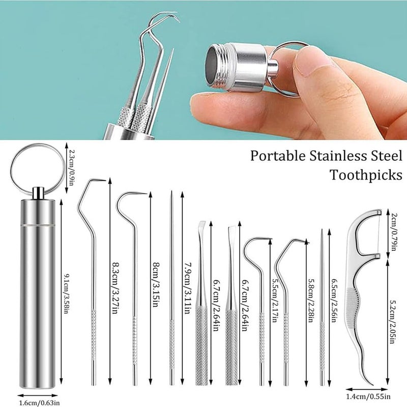 JKJ&ZXZ Stainless Steel Toothpick Set, Reusable Portable Metal Toothpick with Holder, Multipurpose Dental Picks for Teeth Cleaning Dental Tools for Traveling, Picnic, Camping. (9PCS) - Image 2